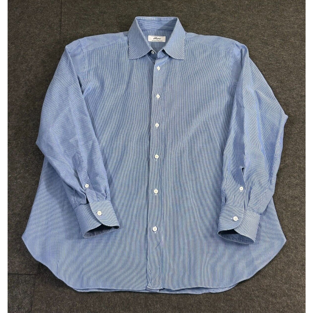 Brioni for Nieman Marcus Blue Micro Check Spread Collar Men's Dress Shirt 15.5